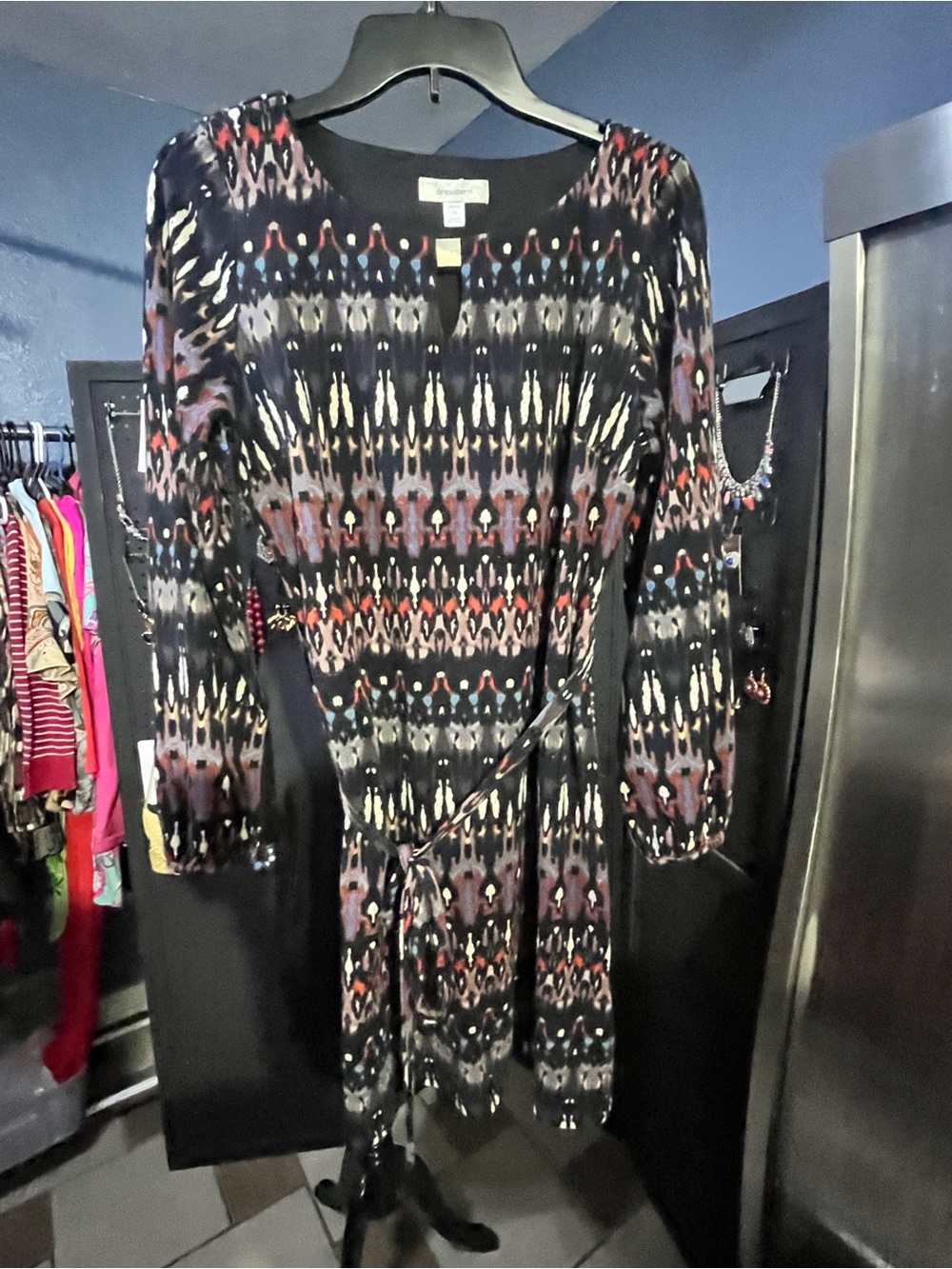 dressbarn Black Multicolor Ikat-Print Midi Dress with Tie Waist